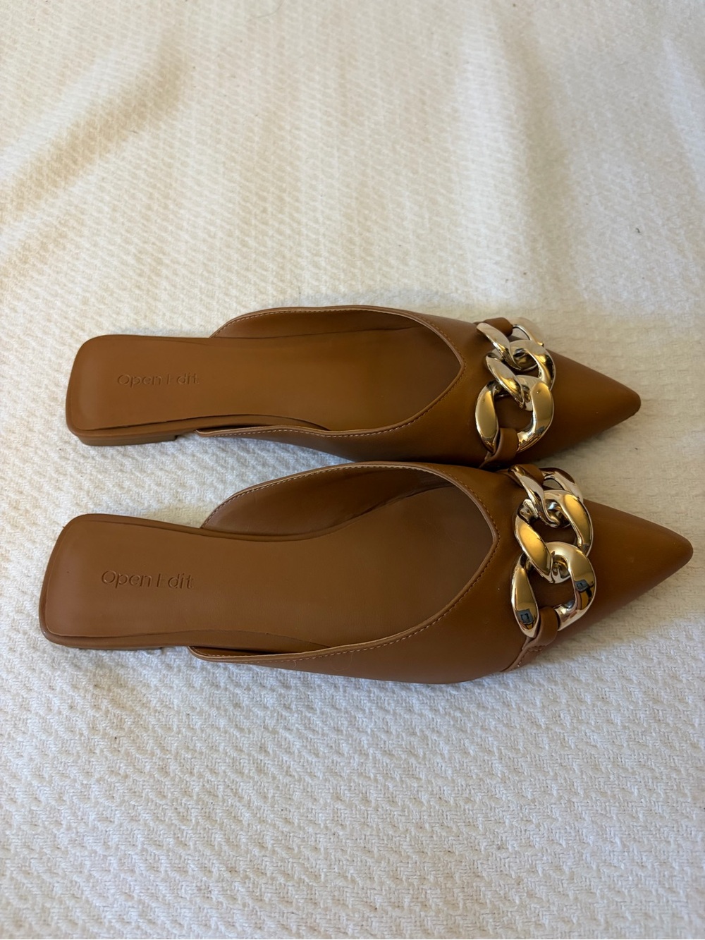 Open Edit Office Career Camel Brown Pointed Toe Gold Chain Slip-On Flats 7.5